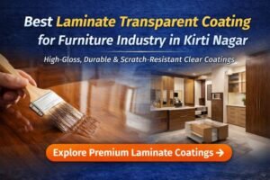 Best Laminate Transparent Coating for Furniture Industry in Kirti Nagar – Wooden furniture surface being coated with a high-gloss transparent laminate coating, showcasing durable, scratch-resistant wood finishing for premium interiors by Gazraj.