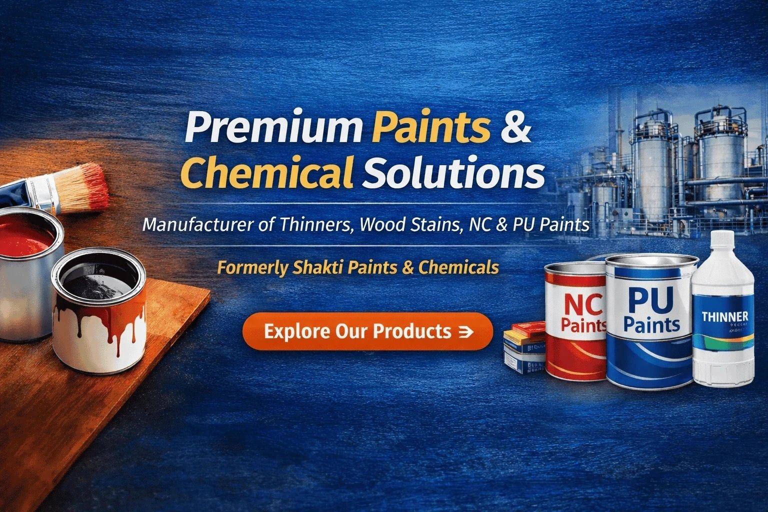 Premium Paints & Chemical Solutions by Gazraj featuring thinners, wood stains, NC paints, and PU paints for furniture, wood finishing, and industrial coating applications.