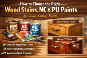 How to Choose the Right Wood Stains, NC Paints, and PU Paints for a long-lasting wood finish, featuring premium wood coating products, color selection, and natural and glossy furniture finishes by Gazraj.