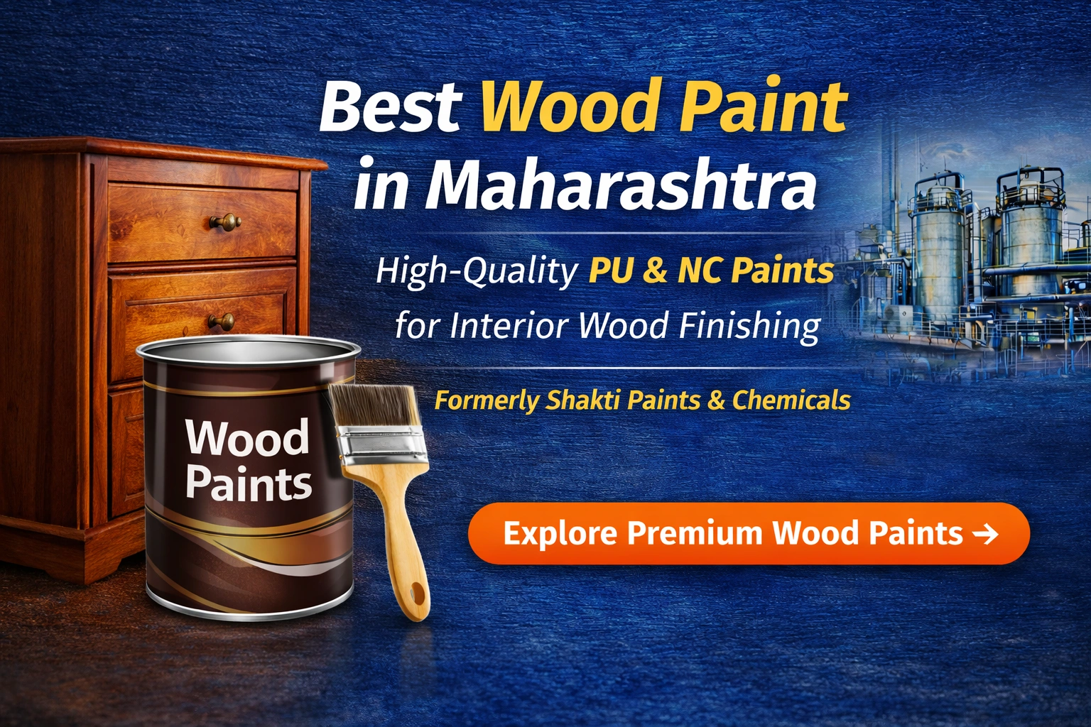 Best Wood Paint in Maharashtra – Premium PU and NC wood paints for interior wood finishing, featuring a wooden cabinet, paint can, and brush for durable, high-quality furniture coatings by Gazraj.