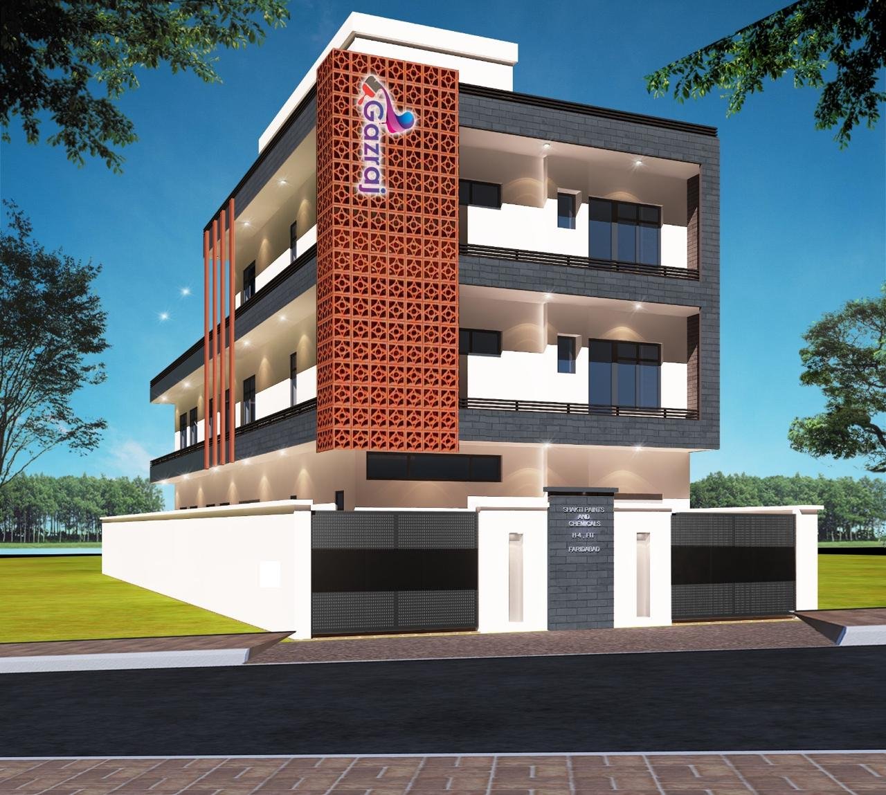 Gazraj (Shakti Paints and Chemicals) modern corporate office building in Faridabad, showcasing the company headquarters and premium paint manufacturing facility.