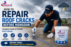Gazraj HydroGrip Transparent Waterproof Glue being applied to repair roof cracks before monsoon, helping prevent roof leakage with a strong waterproof bond.