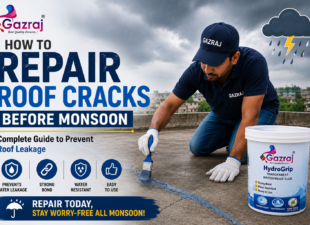 Gazraj HydroGrip Transparent Waterproof Glue being applied to repair roof cracks before monsoon, helping prevent roof leakage with a strong waterproof bond.