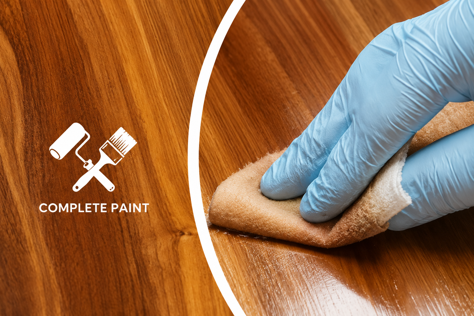 Worker applying wood paint on a wooden surface using a cloth for a smooth finish, demonstrating professional wood polishing and furniture finishing.