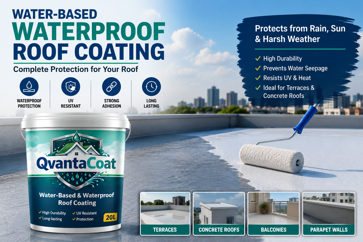 Qvanta Coat water-based waterproof roof coating for terrace and concrete roof protection