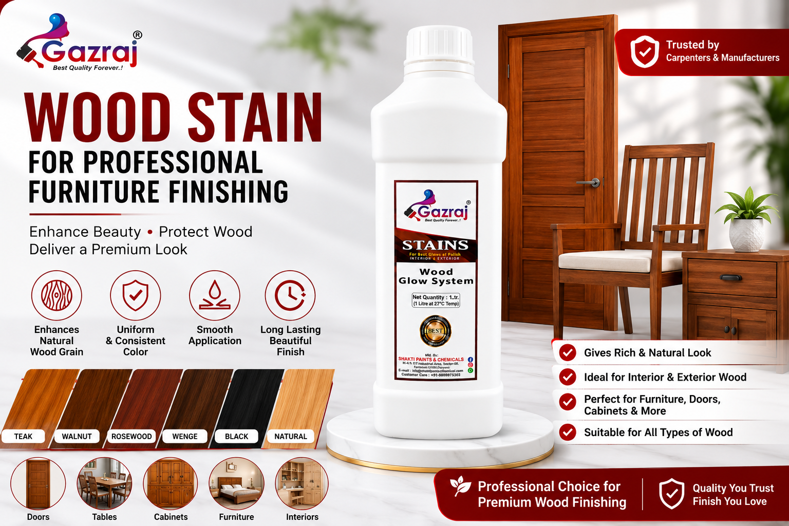 Gazraj Wood Stain for professional furniture finishing and wood manufacturers