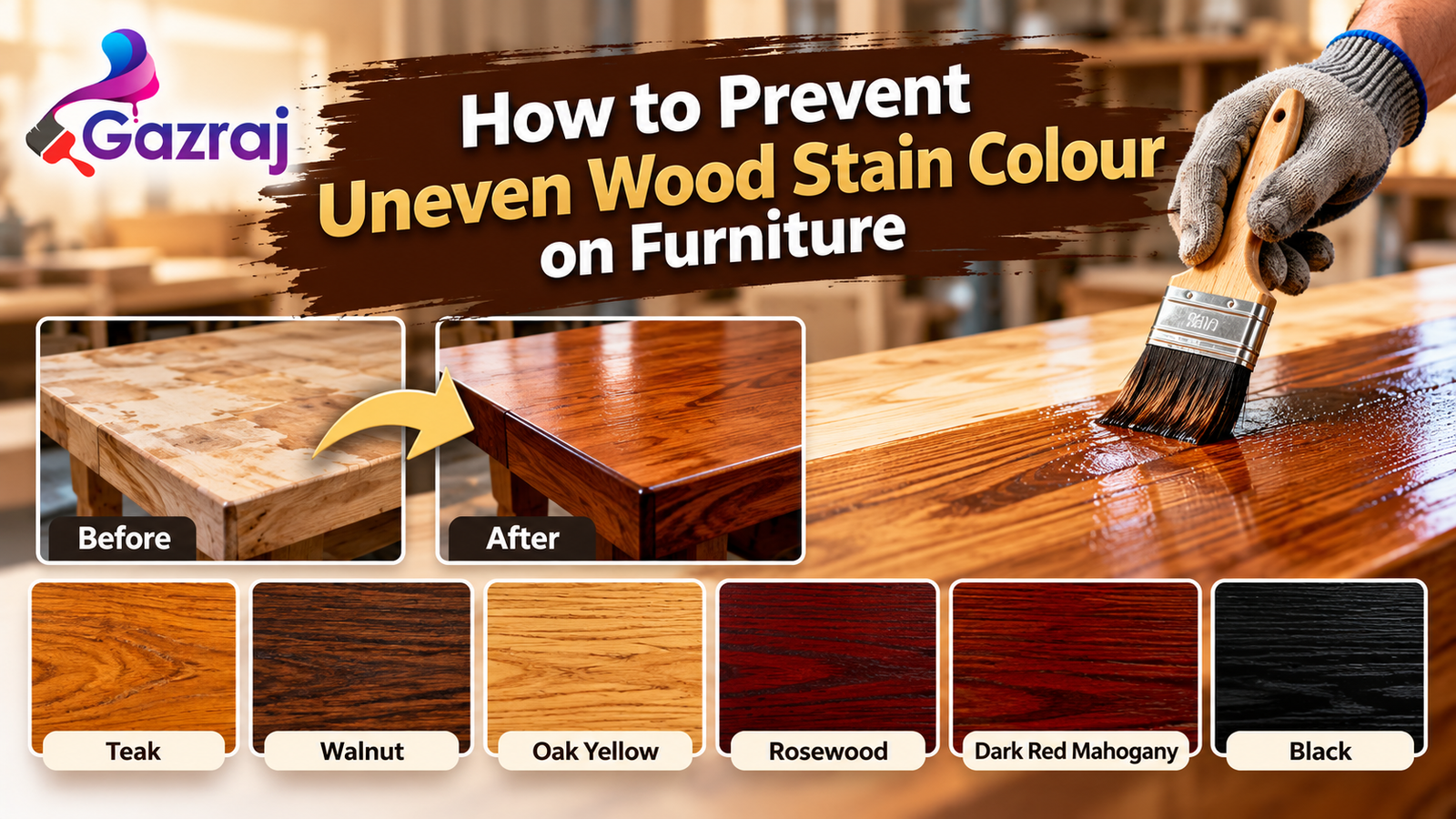 Gazraj guide to preventing uneven wood stain colour on furniture with before and after wood staining results.